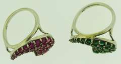 Sterling Silver Pink Sapphires And Tsavorite Matching Wave Rings