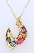 Elegant Yellow Gold Multi Shape Multi Gemstone Pendant on Chain