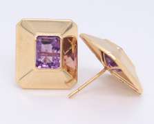 Gorgeous Yellow Gold Emerald Cut Bezel Set Amethyst Earrings
