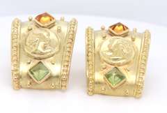 Optimal Yellow Gold Byzantine Citrine and Peridot Huggie Earrings w Cert