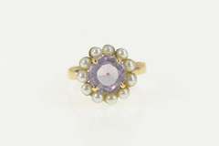 14K Yellow Gold Retro Amethyst Seed Pearl Halo Cocktail Ring