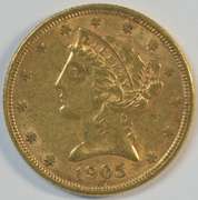 Very scarce near mint 1905-S US $5 Liberty Gold Piece