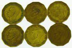 Lot of Six (1937-1943) Britain Three Pence