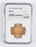 MS62 1919 Mexico 20 Gold Pesos NGC
