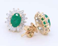 Powerful Yellow Gold Emerald w Baguette and RBC Halo Post Earrings