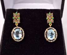 Ravishing 60.00CTW Blue Topaz, 12.00CTW Diamond & 0.75CTW Green Agate Jewelry Set in 18KT Gold Plated Sterling Silver Necklace & Earrings