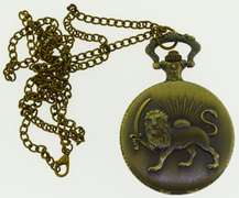 Unisex Bronze Tone Pendant Necklace Lion and Sward Pocket Quartz Watch