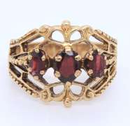 Handsome Yellow Gold 3 Stone Ruby Cocktail Ring