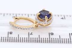 Attractive Yellow Gold Iolite and Diamond Halo Dangle Earrings