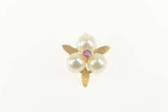 14K Yellow Gold Retro Pearl Syn. Ruby Flower Cluster Pendant