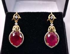 Ravishing 0.21CTW Diamond & 11.88CTW Ruby Earrings in Gold Plated Sterling Silver