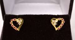 Beautiful Diamond and Ruby Heart Earrings in 14K Yellow Gold