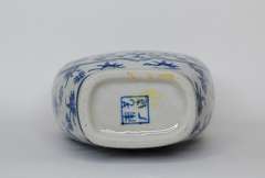 Rare Vintage Chinese Glazed White and Blue Porcelain Bucket or Basket Shape Vase With Vines and Floral Pattern