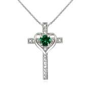 Sterling Silver Simulated Emerald Cross Heart Pendant Necklace