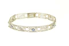 14K White Gold Art Deco Ornate Filigree Syn. Sapphire Bracelet