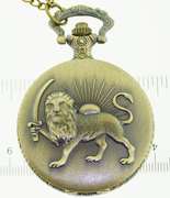 Unisex Bronze Tone Pendant Necklace Lion and Sward Pocket Quartz Watch
