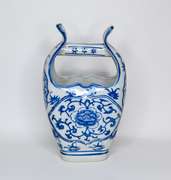 Rare Vintage Chinese Glazed White and Blue Porcelain Bucket or Basket Shape Vase With Vines and Floral Pattern