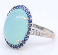 Beautiful White Gold Chrysoprase, Blue Sapphire and Diamond Ring