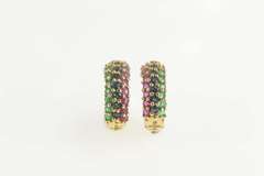 14K Yellow Gold Emerald Ruby Sapphire Encrusted Semi Hoop Earrings