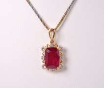 Radiant 10.63CTS Ruby and 0.19CTW Diamond Pendant Necklace in Gold Plated Sterling Silver