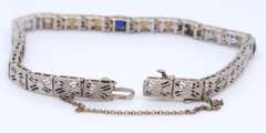 Vintage White Gold Art Deco Blue Sapphire and Diamond Station Bracelet