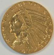 Rare key date 1911-S US $5 Indian Gold Piece in Choice AU.