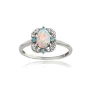 Sterling Silver Created Opal with Blue & White Topaz Scallop Frame Oval Ring