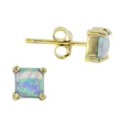 18k Gold over Silver Created Fiery Blue Opal 5mm Square Stud Earrings