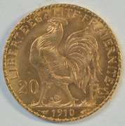 Superb Gem BU 1910 France 20 Francs Gold 'Rooster' coin