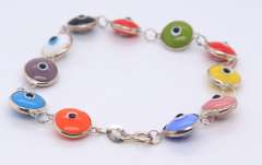 Sterling Silver Signed Multi Gemstone Evill Eye Link Bracelet