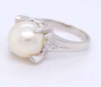 Vintage Platinum 10mm Pearl and Diamond Ring