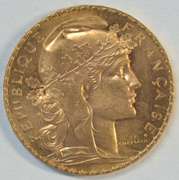 Superb Gem BU 1908 France 20 Francs Gold 'Rooster' coin