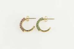 14K Yellow Gold Emerald Ruby Sapphire Encrusted Semi Hoop Earrings