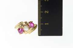 10K Yellow Gold 1950's Pearl Syn. Ruby Ornate Bypass Ring