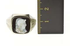 10K White Gold Art Deco Black Onyx Cameo Men's Etched Ring