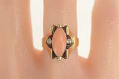 14K Yellow Gold 1960's Marquise Pink Coral Diamond Accent Ring