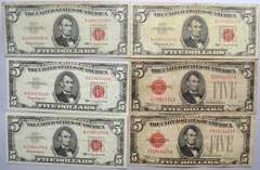 6 Circ Red Seal $5 US Notes