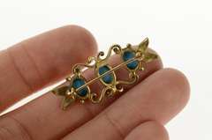 14K Yellow Gold Oval Turquoise Retro Leaf Scroll Bar Pin/Brooch