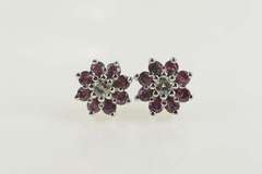 14K White Gold Diamond Ruby Halo Flower Cluster Stud Earrings