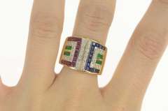 18K Yellow Gold 4.29 Ctw Diamond Ruby Sapphire Statement Ring