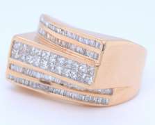 Great Yellow Gold Emerald and Princess Cut Diamond Gent's Ring