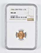 MS68 1966 ZBR Peru 1/5 Libra Gold Coin NGC