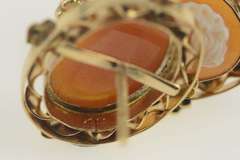 14K Yellow Gold Arts & Crafts Carved Shell Cameo Statement Earrings