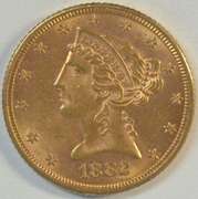 Fresh BU 1882 US $5 Liberty Gold Piece. Full strike.