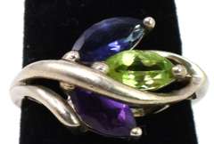 Sterling Silver Iolite, Peridot, And Amethyst Ring