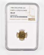 MS69 1984 Singapore $1 Gold - Carp & Lotus Flower - Graded NGC