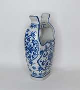 Rare Vintage Chinese Glazed White and Blue Porcelain Bucket or Basket Shape Vase With Vines and Floral Pattern