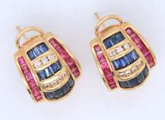 Fabulous Yellow Gold Blue Sapphire, Ruby and Diamond Earrings