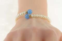 14K Yellow Gold Blue Chalcedony Pearl Bypass Statement Bracelet