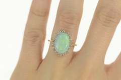 14K Yellow Gold 2.98 Ctw Natural Opal Diamond Halo Statement Ring